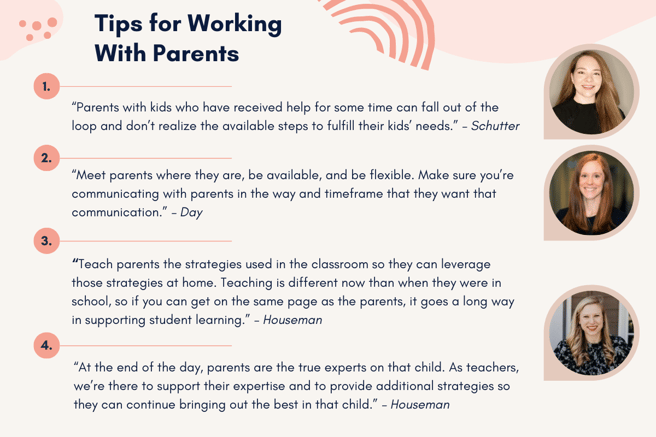 Tips for working with parents: 1. Keep pa1. Communicate new strategies to keep parents in the loop. 2. Meet parent's needs with communication. 3. Teach parents classroom strategies to be practiced at home. 4. Remember parents are the experts.